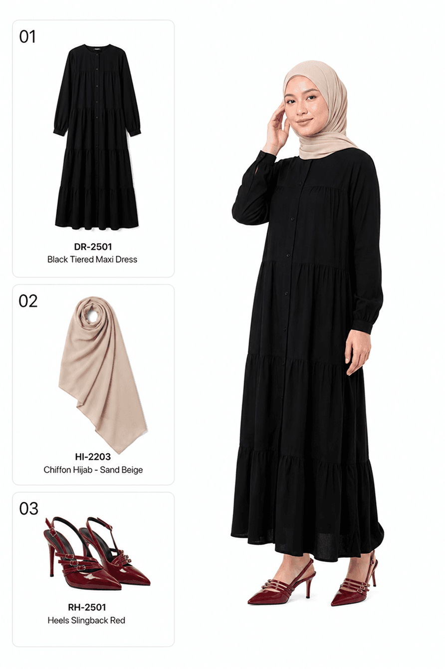Rincian produk dan hasil model Praga: gamis hitam bertingkat dengan hijab krem