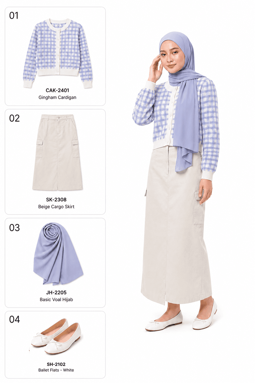 Rincian produk dan hasil model Praga: cardigan kotak biru dengan rok cargo krem