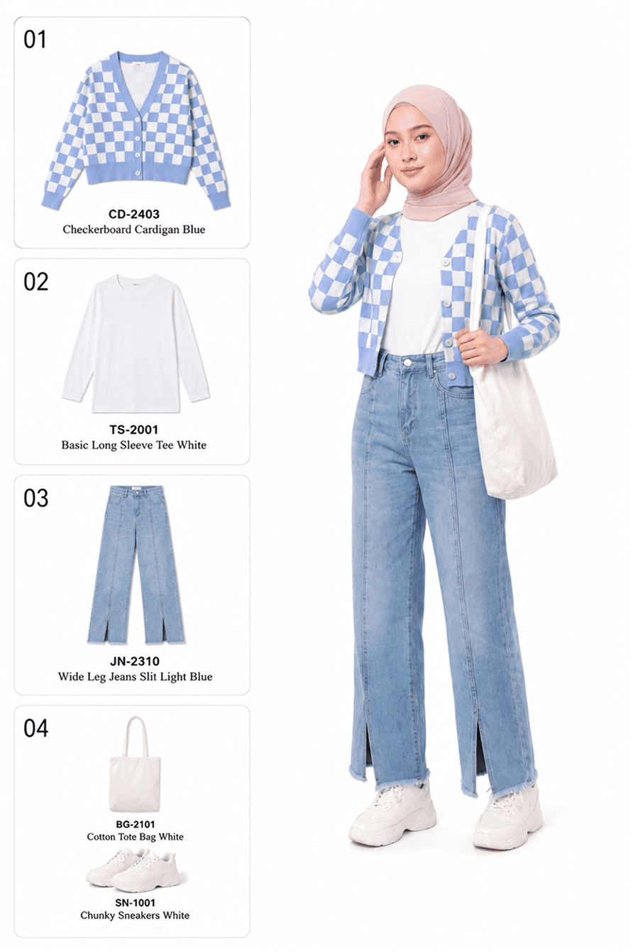 Rincian produk dan hasil model Praga: cardigan papan catur biru dengan jeans biru muda