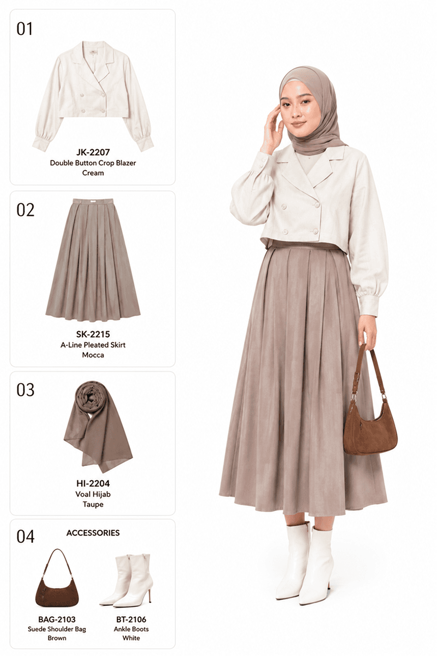 Rincian produk dan hasil model Praga: blazer krem dengan rok plisket mocca